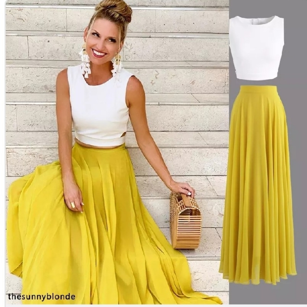 Bowknot crop top and mustard yellow maxi skirt